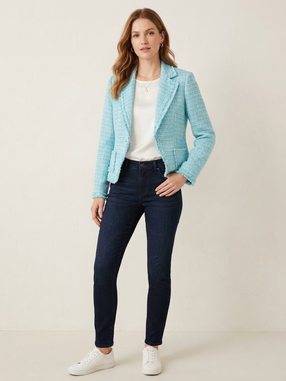 Style & Co Fringe Tweed Blazer in Light Blue